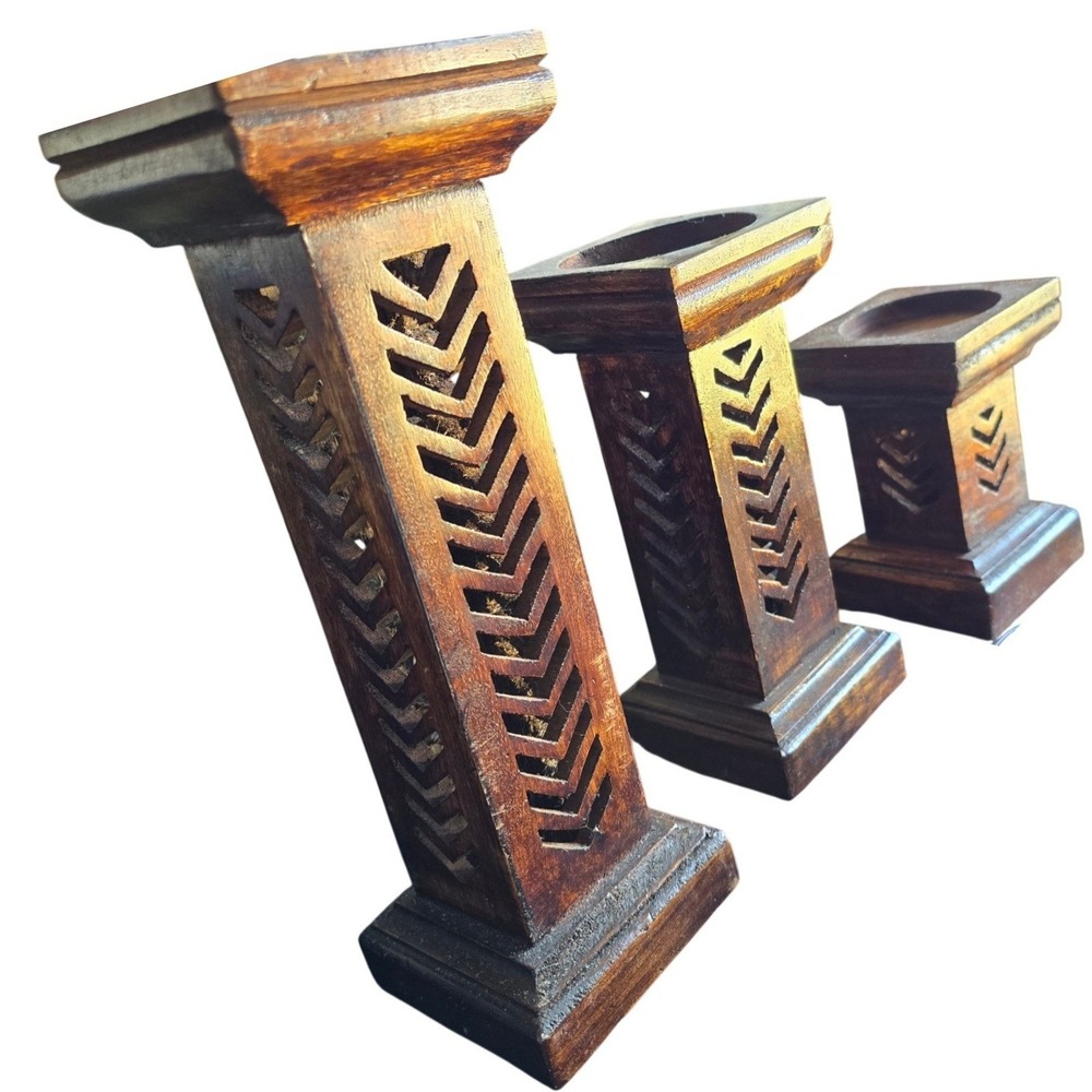 My Mela Set 3 Wooden Pillar Candle Holders Handmade India Rustic‎ Carved Design